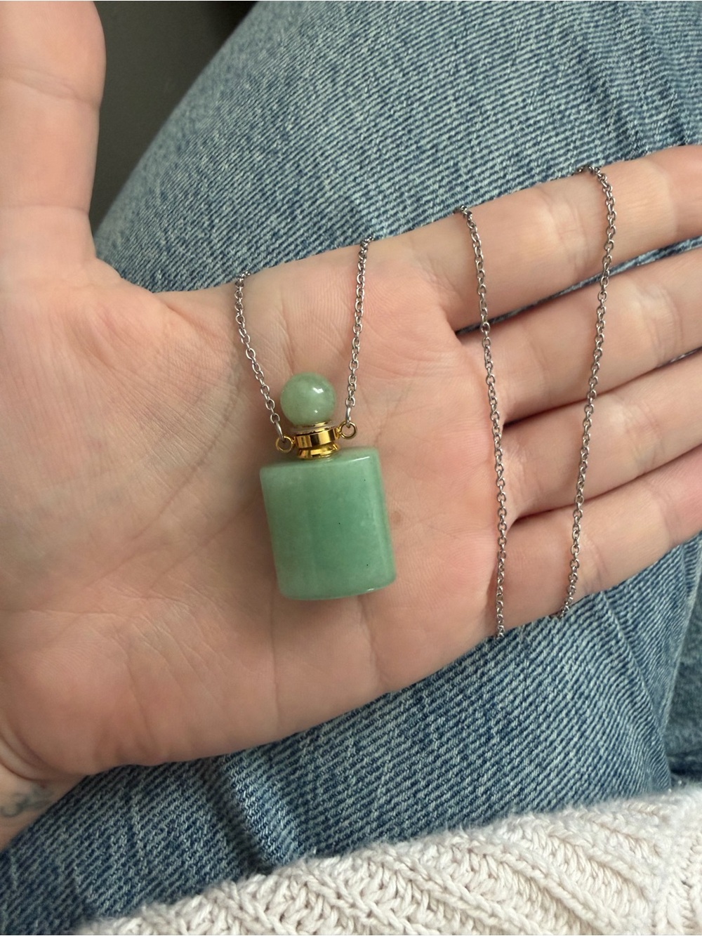 Vintage Green Aventurine Perfume Bottle Pendant Necklace in Stainless